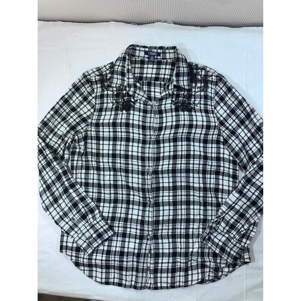 Chaps Womens Plaid Button Down Shirt‎ Black White Embroidered Long Sleeve Size L